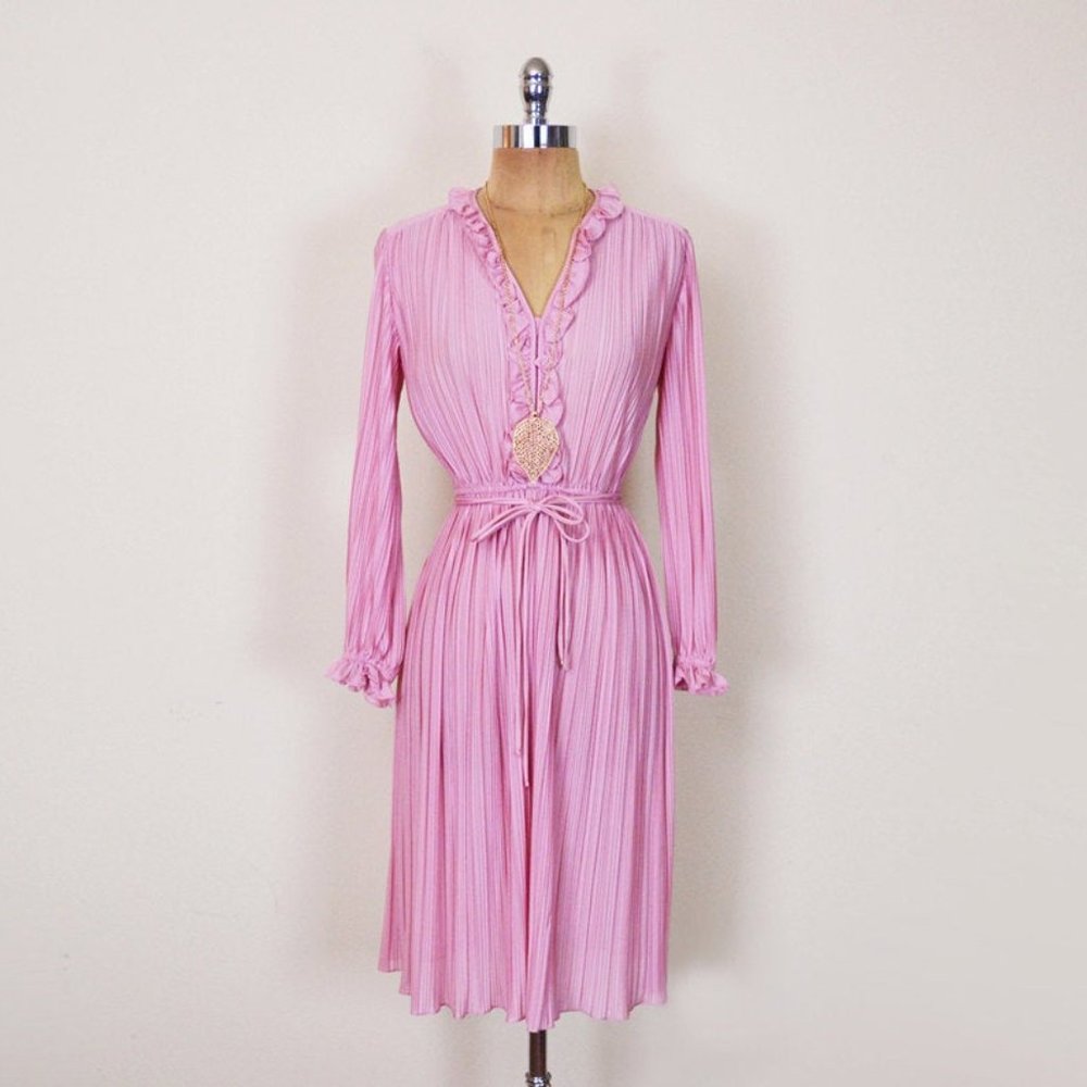 Vintage 70s 80s Pink Pin Pleat Dress / S